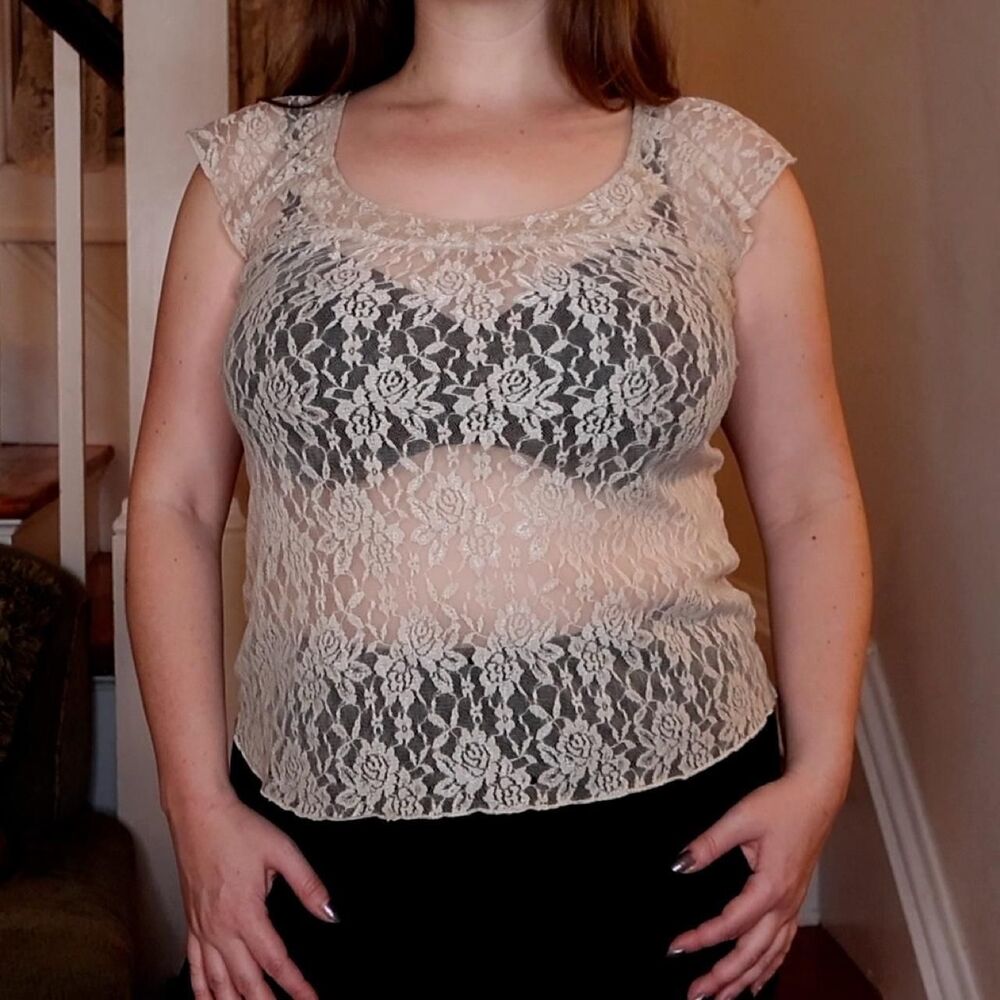 Y2K Self Esteem Cream Lace Short Sleeve Top Medium Whimsigoth Cottagecore Sheer